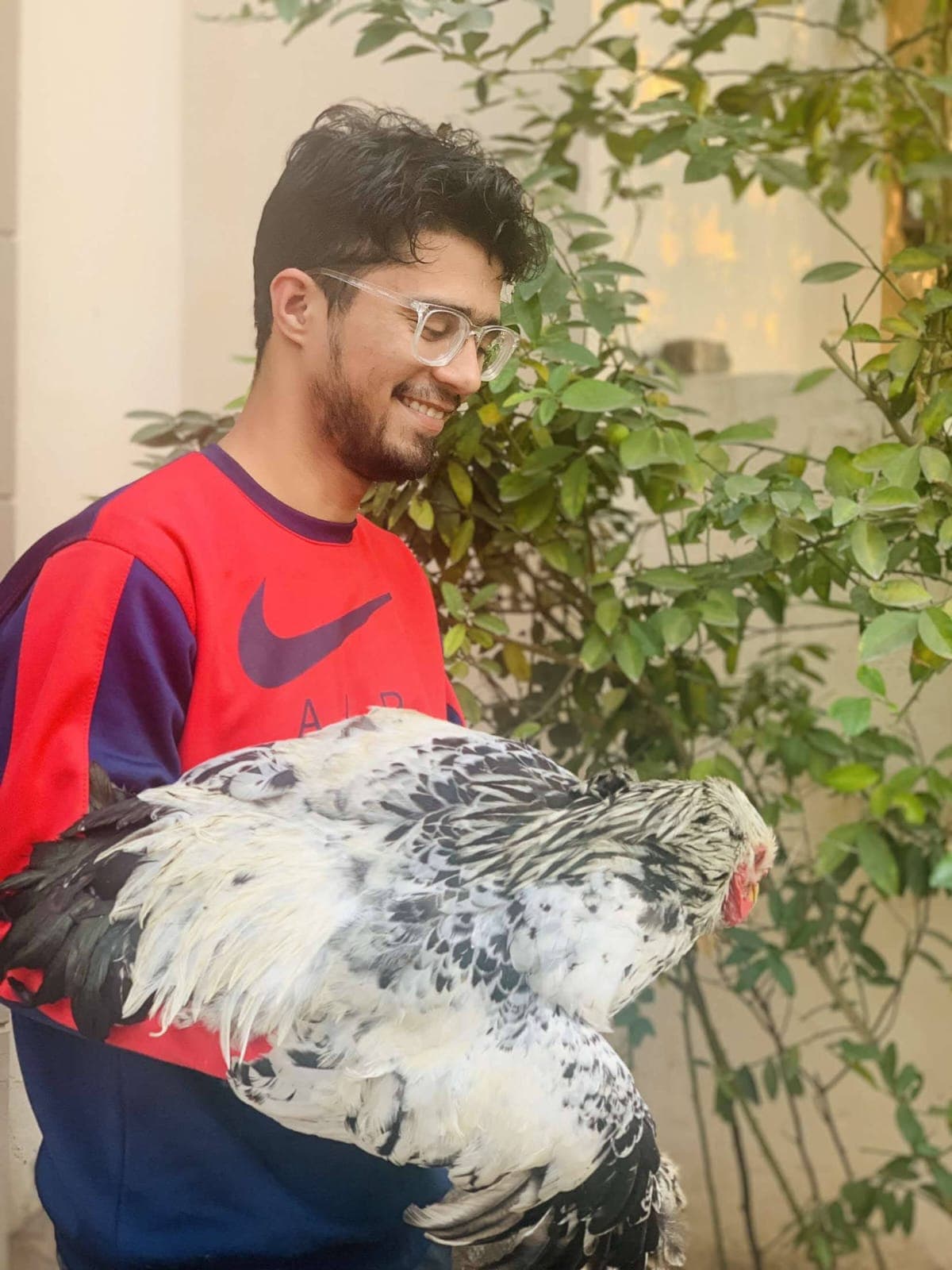 Saaim smiling while holding a chicken